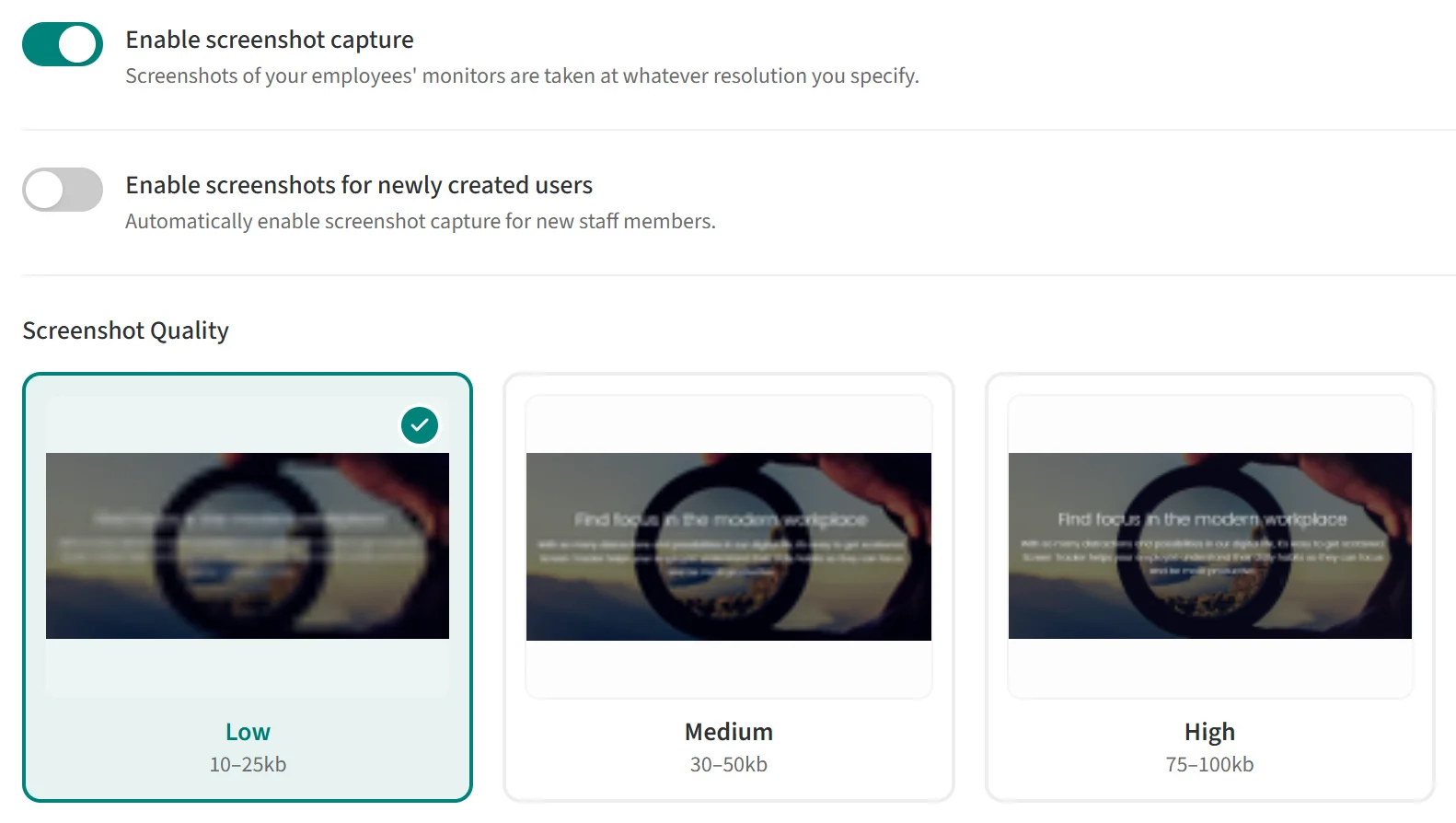 New users switch and the Low, Medium and High quality options