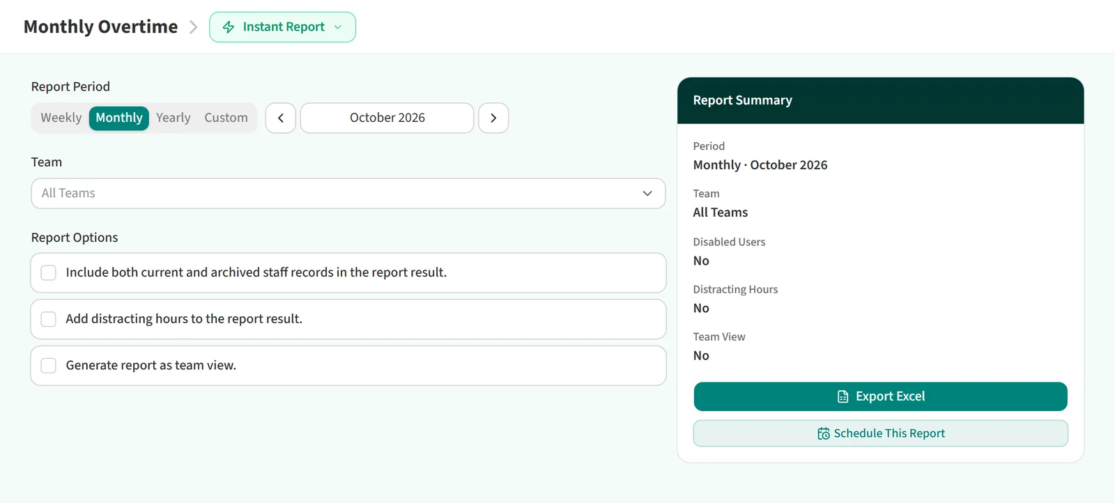 Monthly Overtime report page