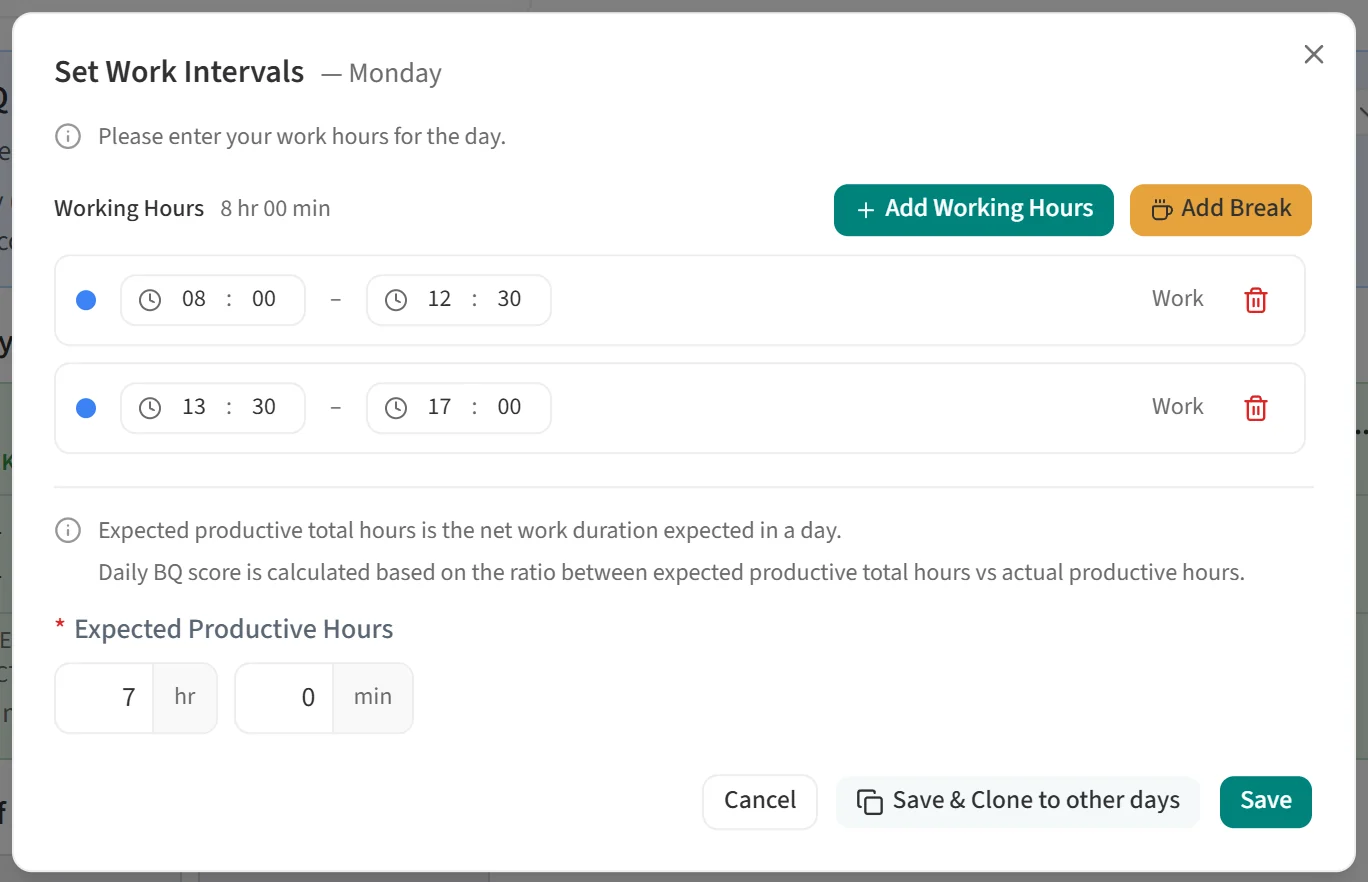 The Set Work Intervals dialog