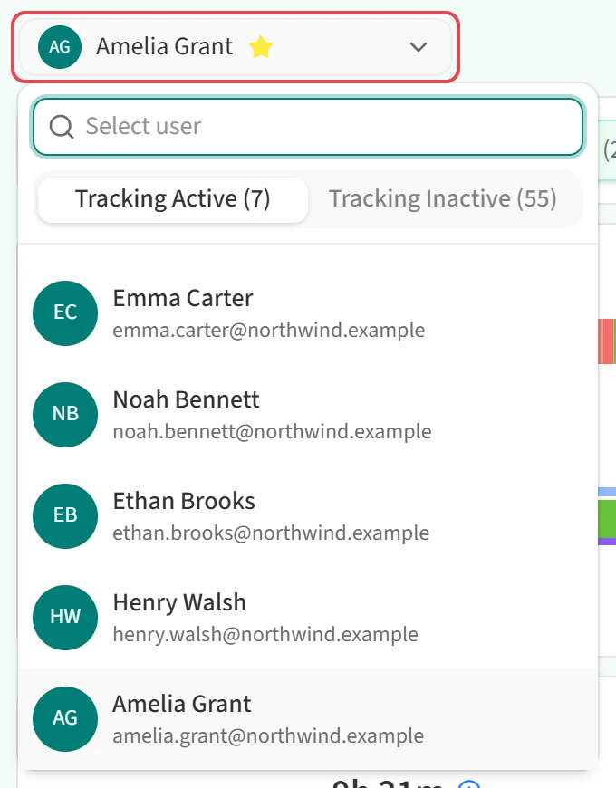 Employee picker on the Staff Dashboard with the Tracking Active and Tracking Inactive tabs