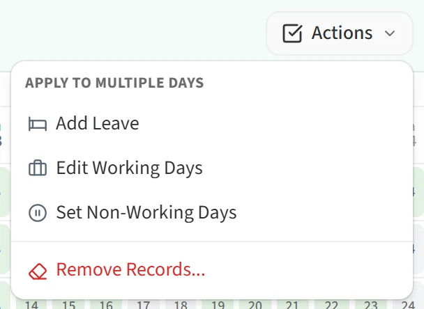 The options in the Actions menu