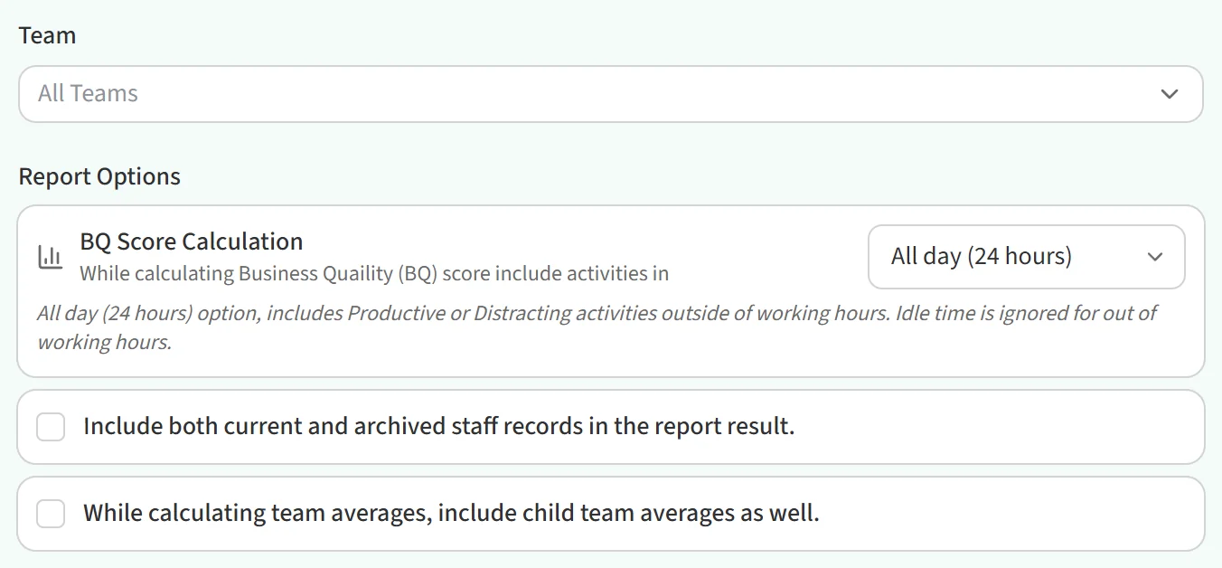 Team and Report Options fields