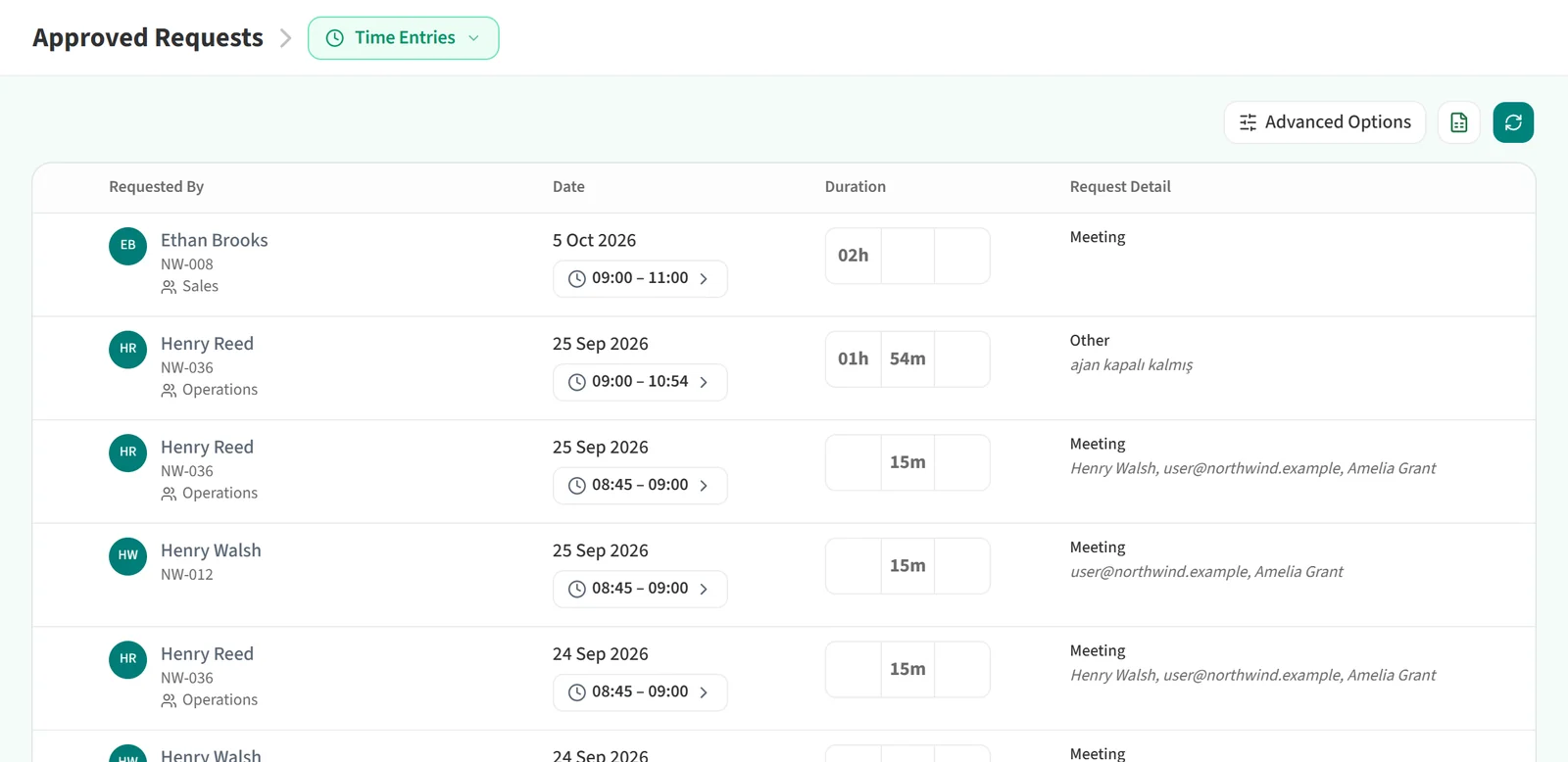 Time entry requests on the Approved Requests page
