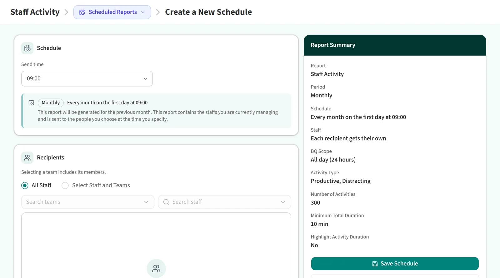Create a New Schedule page for the Staff Activity report