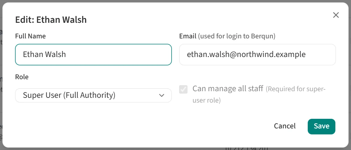 Edit window: Full Name, Email, Role and Can manage all staff