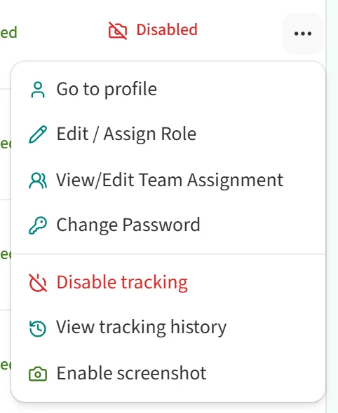 Tracking options in the action menu