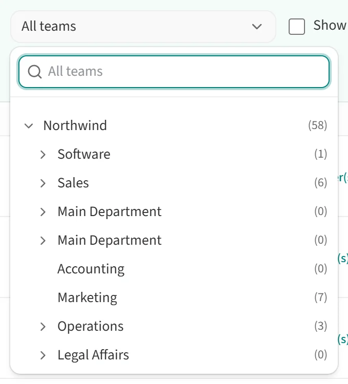All teams dropdown with the team tree