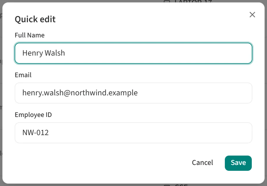 Quick edit window with Full Name, Email and Employee ID