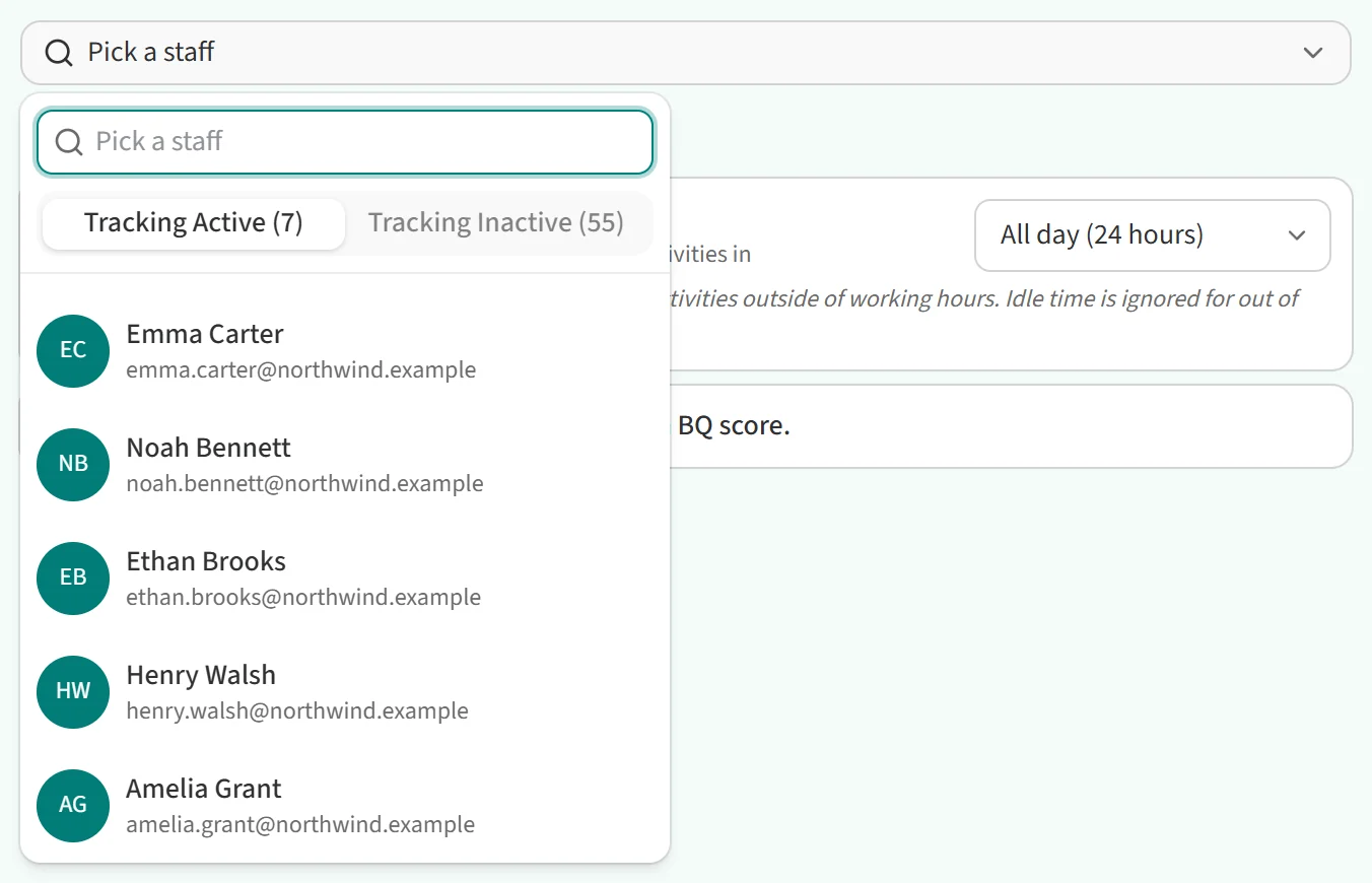 Staff list with the Tracking Active and Tracking Inactive tabs