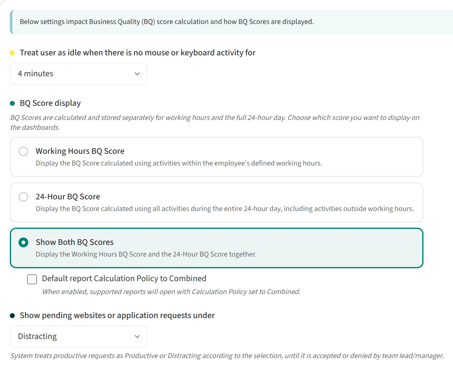 BQ Score settings page