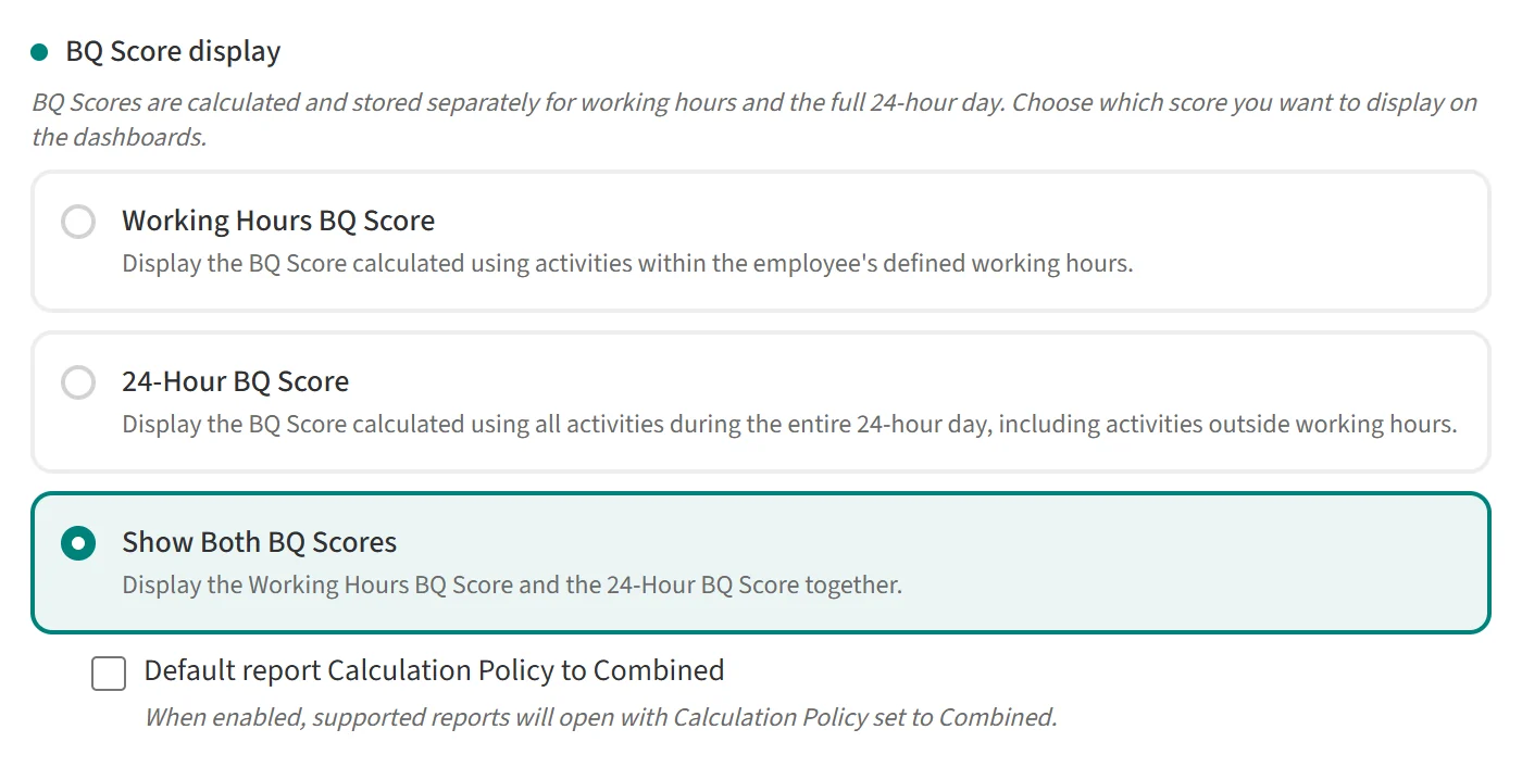 BQ Score display options with Show Both BQ Scores selected