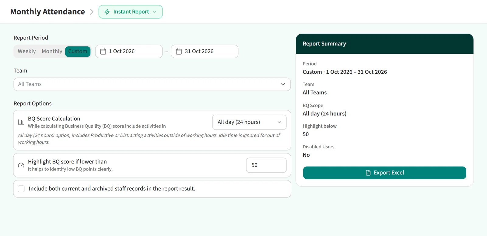 Monthly Attendance report page