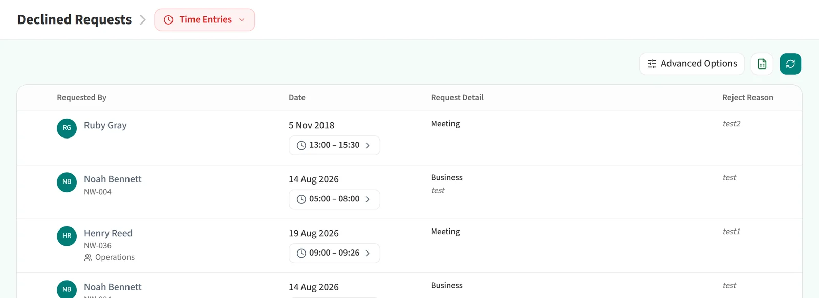 Time entry requests on the Declined Requests page
