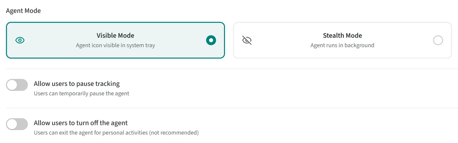 Agent Mode with Visible Mode selected and the pause and turn-off settings below