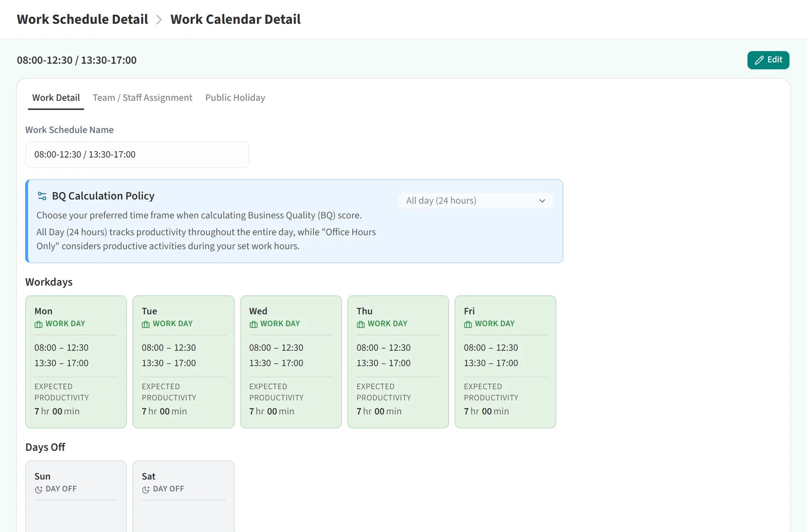 The work schedule detail page with the Edit button