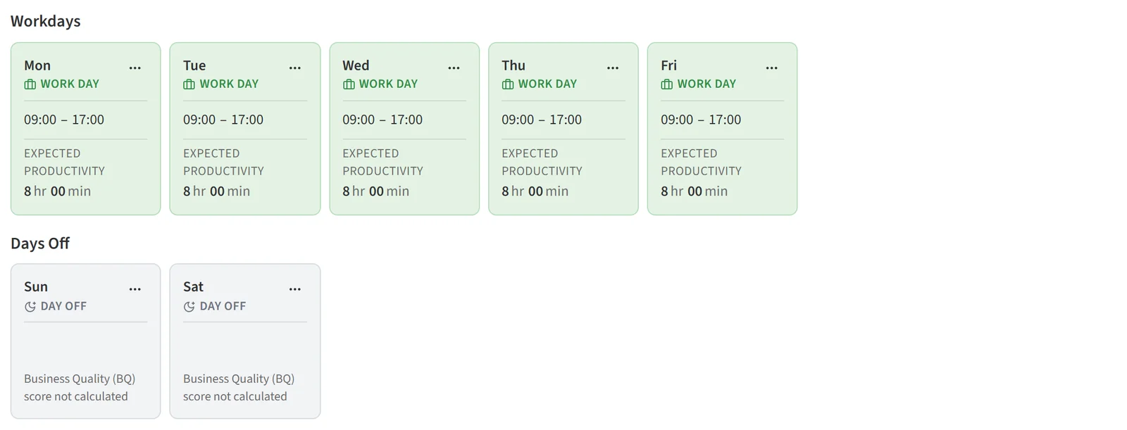 Workdays and Days Off cards