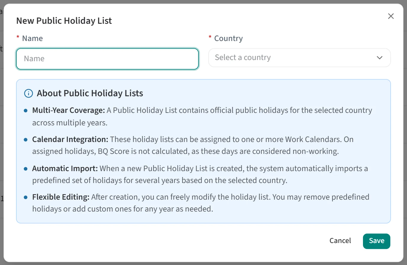The New Public Holiday List dialog
