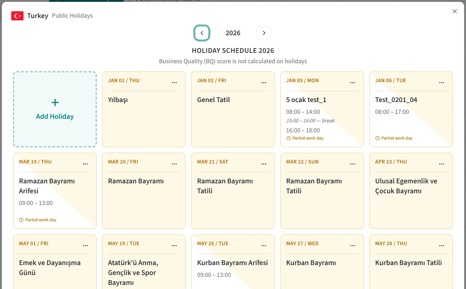 The yearly view of a public holiday list