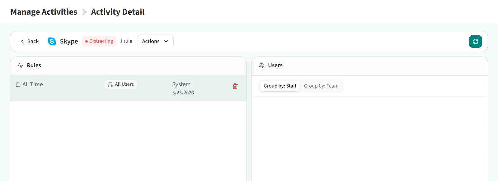 Detail page of a distracting activity with the Actions menu