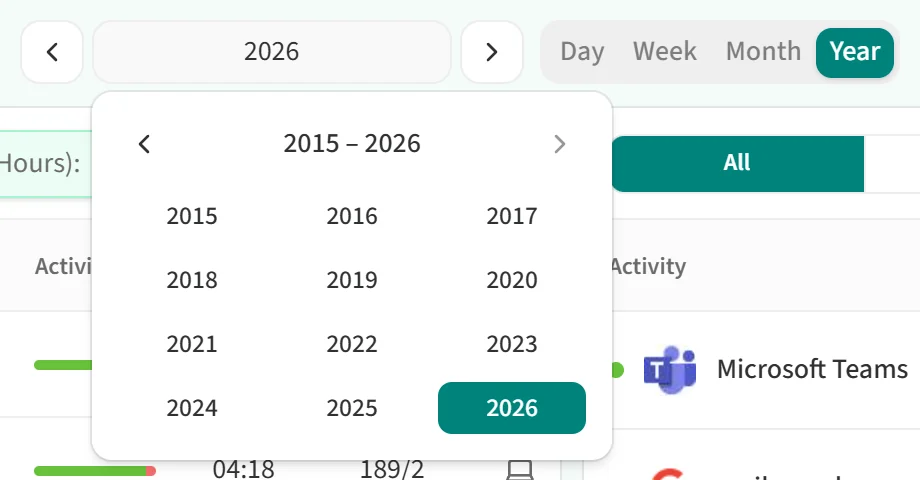 Choosing a year in the yearly view