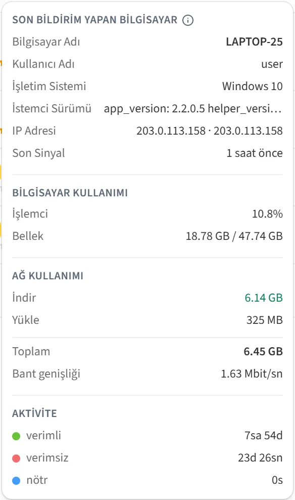 Hızlı detaylar penceresi