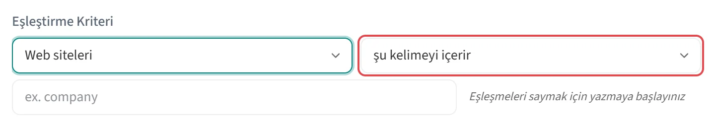 Eşleştirme Kriteri alanında eşleşme biçimi listesi
