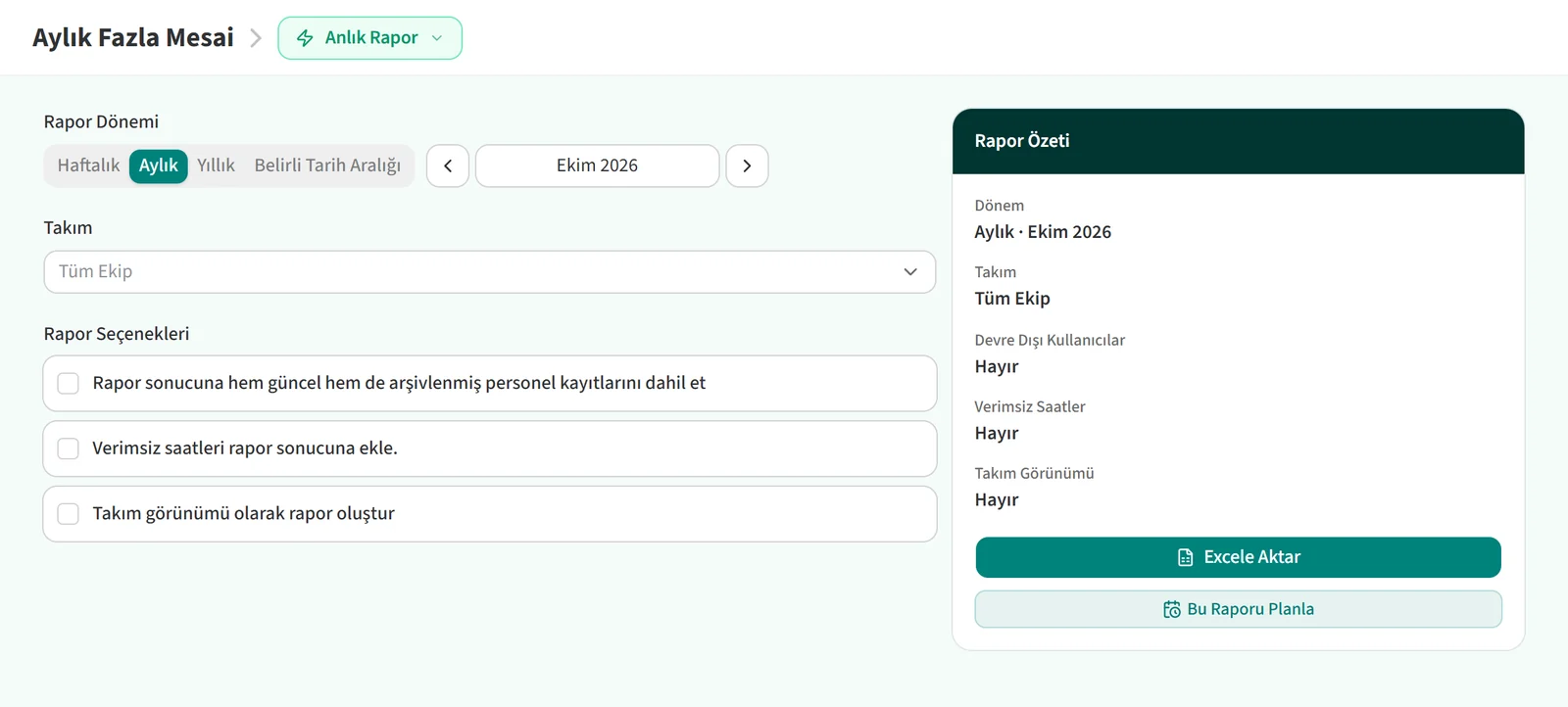 Aylık Fazla Mesai rapor sayfası