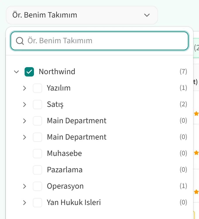 Ekip seçici açıkken ekip ağacı