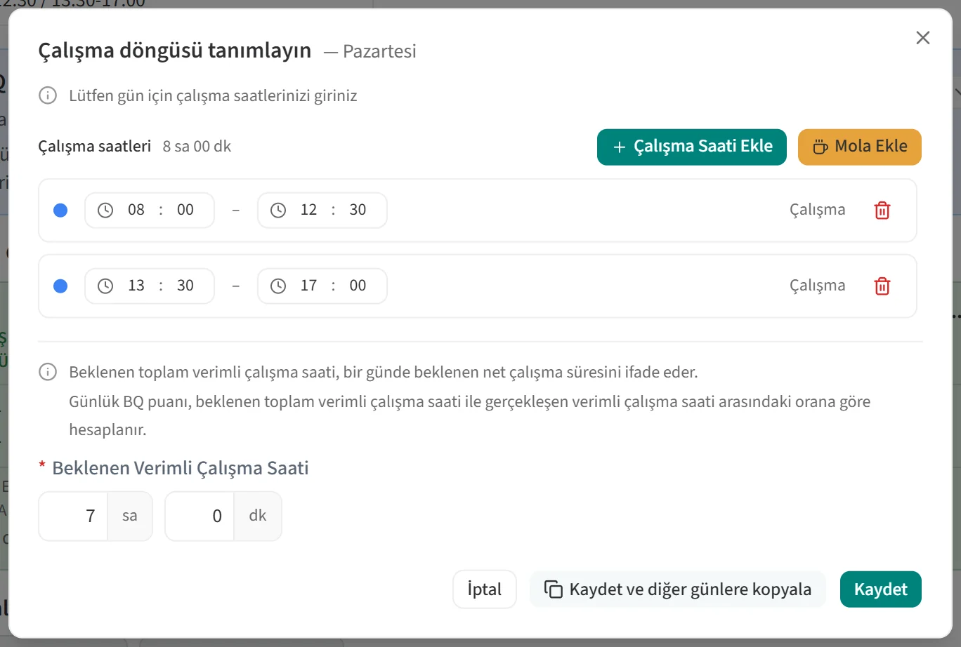 Çalışma döngüsü tanımlayın penceresi