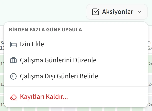 Aksiyonlar menüsündeki seçenekler