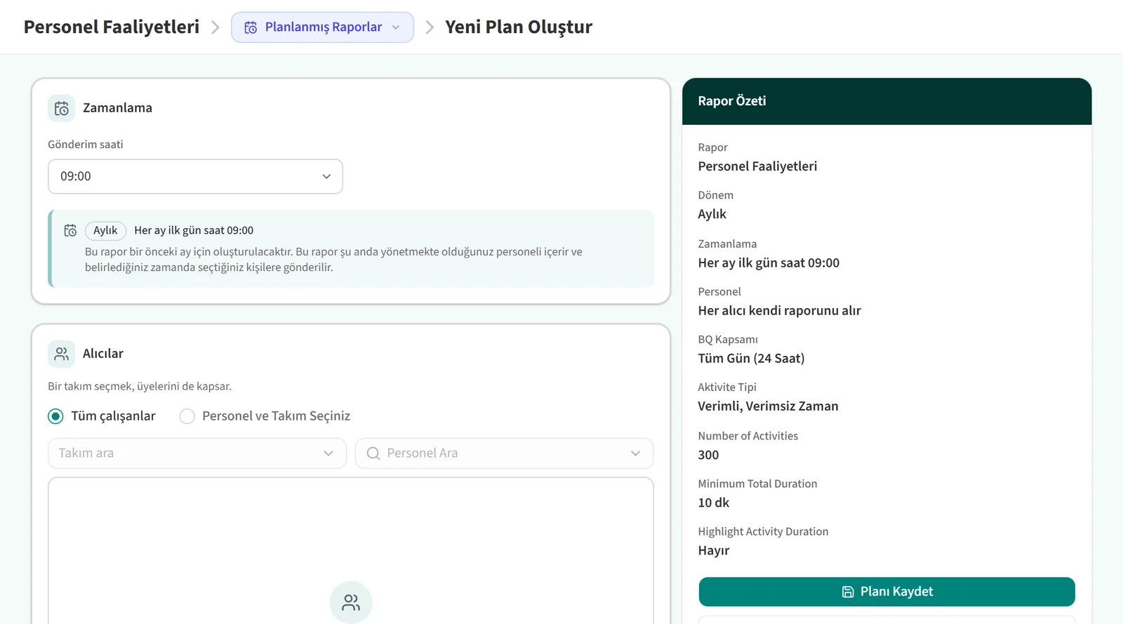 Personel Faaliyetleri raporu için Yeni Plan Oluştur sayfası