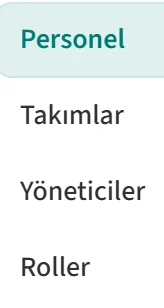 Kişiler / Yetkilendirme alt menüsü: Personel, Takımlar, Yöneticiler, Roller