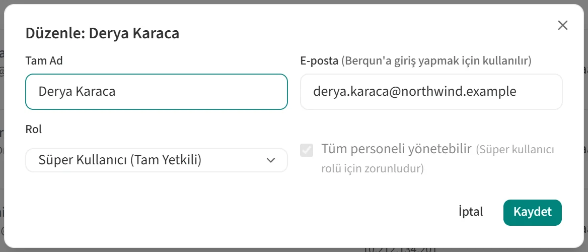 Düzenle penceresi: Tam Ad, E-posta, Rol ve Tüm personeli yönetebilir