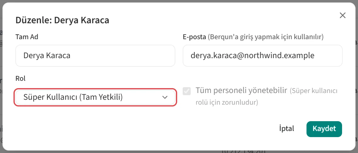 Düzenle penceresinde Rol listesi