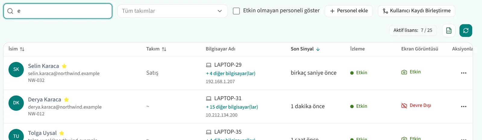 Personel Ara kutusuna harf yazılarak filtrelenmiş liste