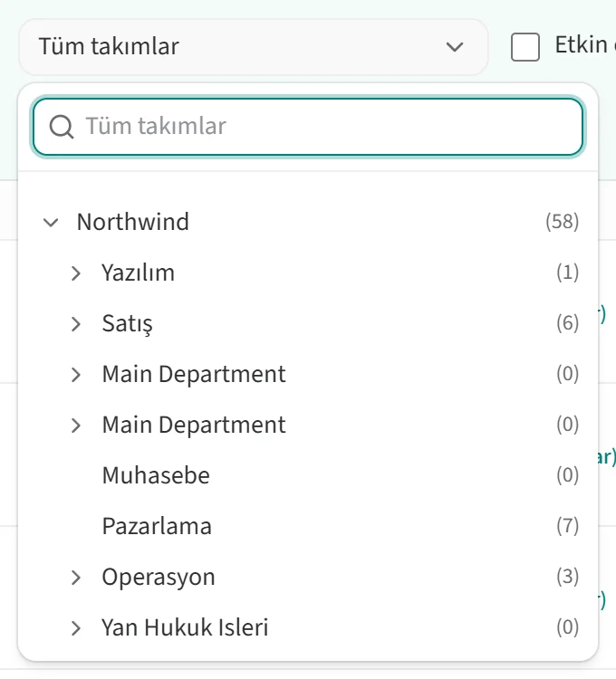Tüm takımlar açılır listesi ve takım ağacı