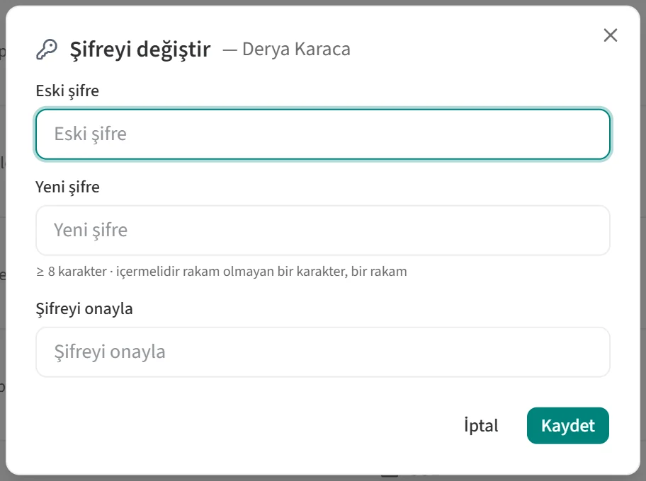 Şifreyi değiştir penceresi