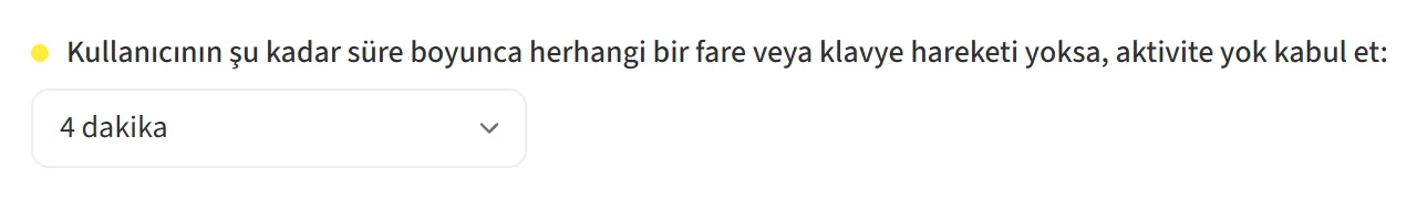 Aktivite yok kabul süresi, 4 dakika seçili