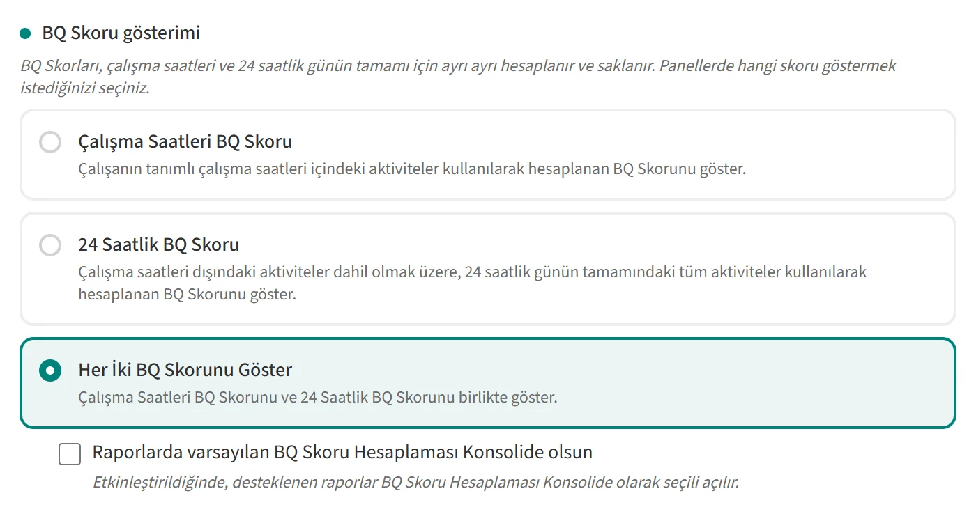 BQ Skoru gösterimi seçenekleri, Her İki BQ Skorunu Göster seçili