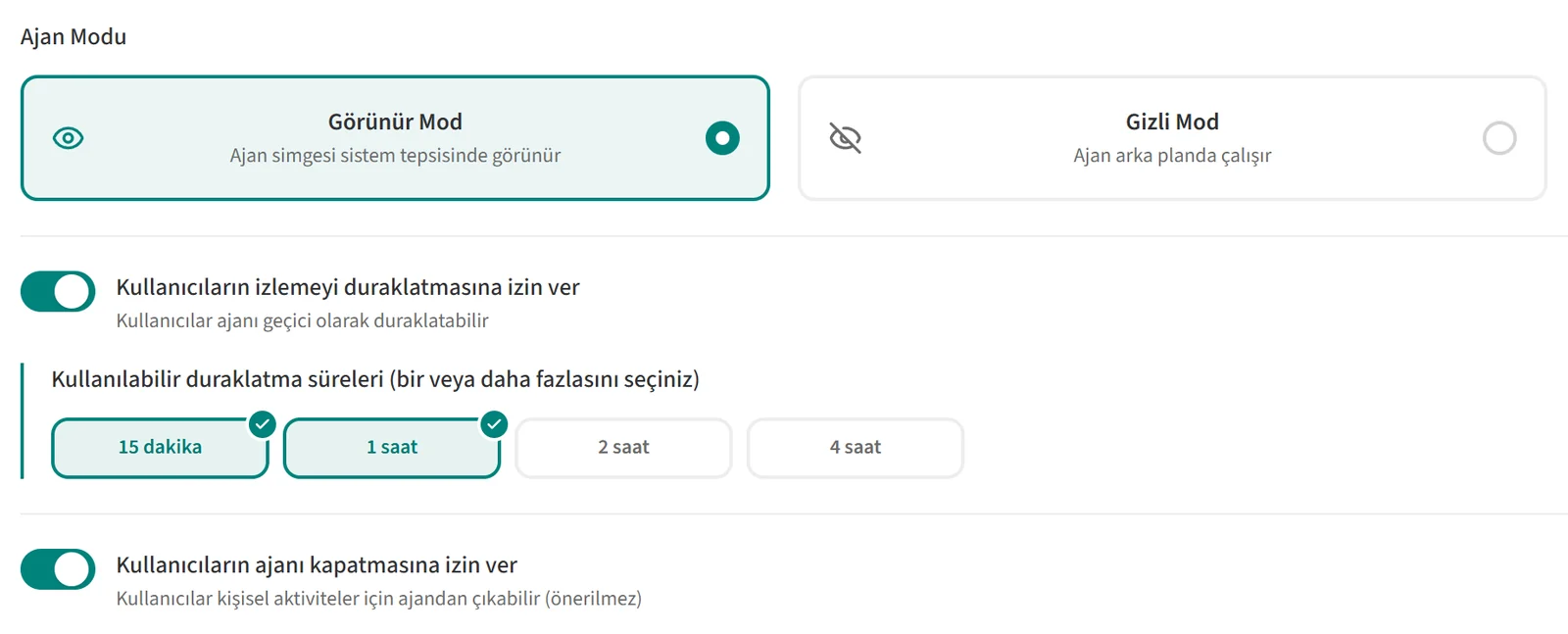 Duraklatma izni açık, 15 dakika ve 1 saat seçili