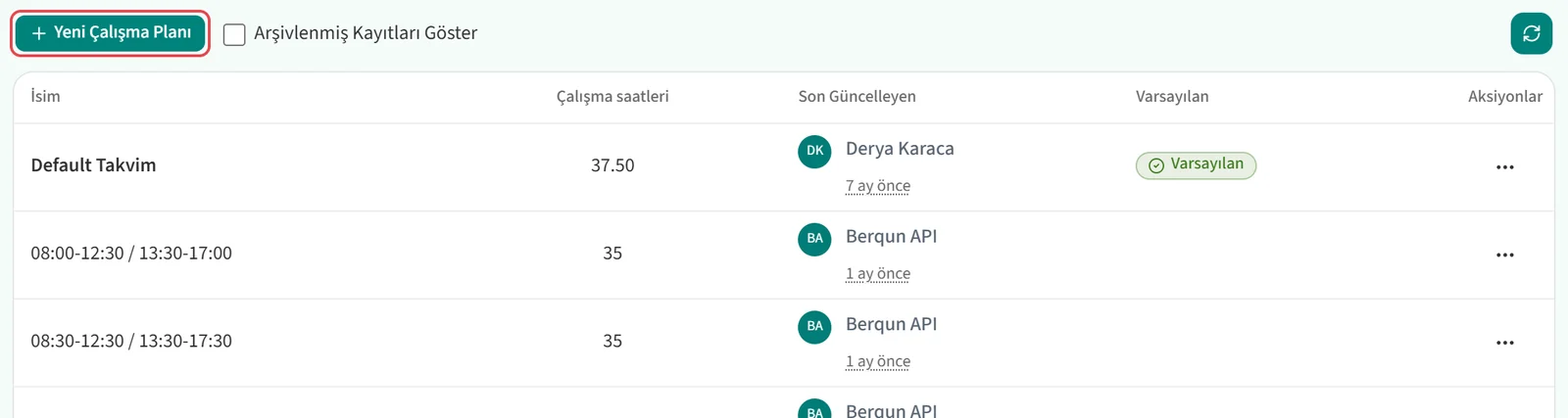 Yeni Çalışma Planı düğmesi