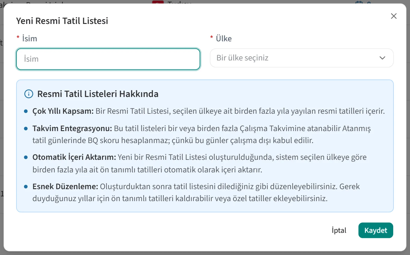 Yeni Resmi Tatil Listesi penceresi