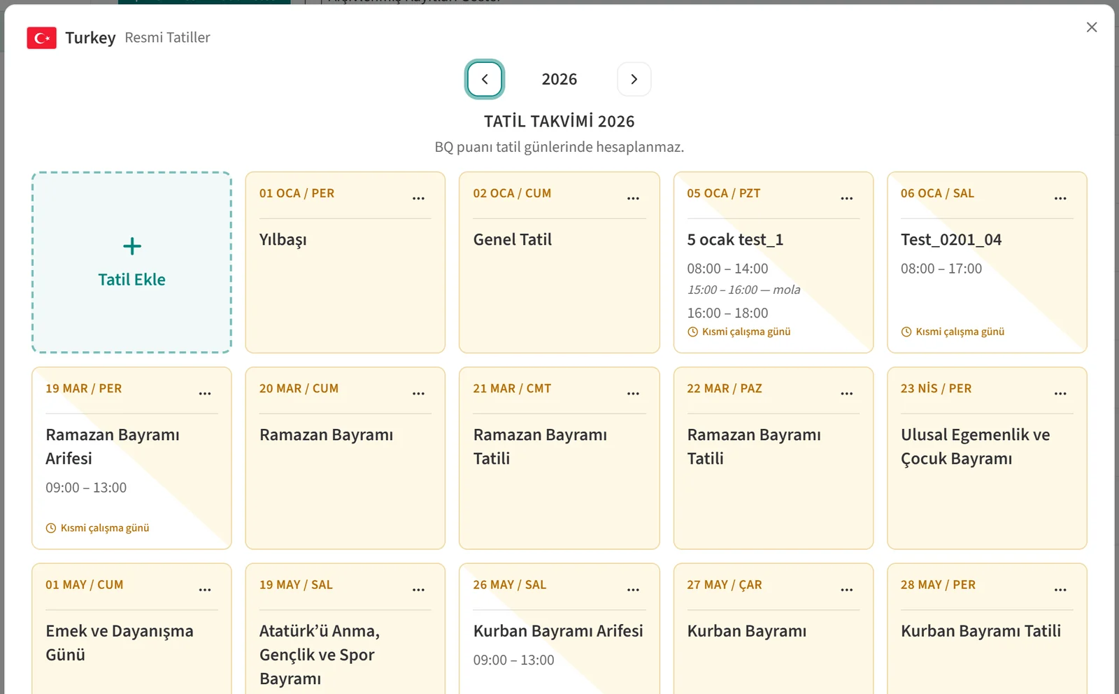 Resmi tatil listesinin yıllık görünümü