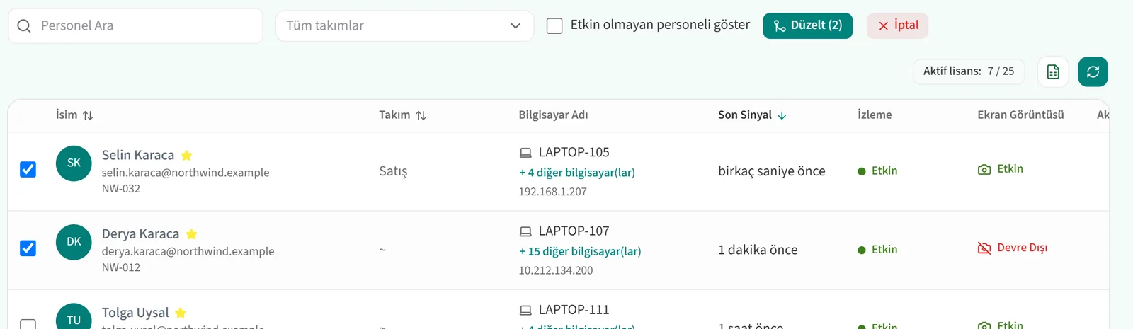 Birleştirilecek iki kaydın işaretlendiği liste