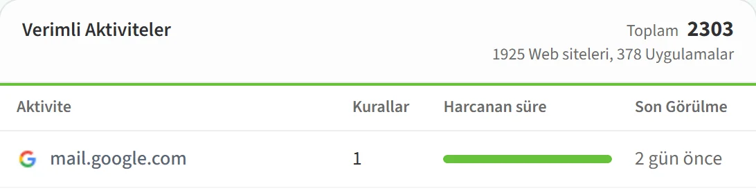 Verimli Aktiviteler listesinde bir aktivite