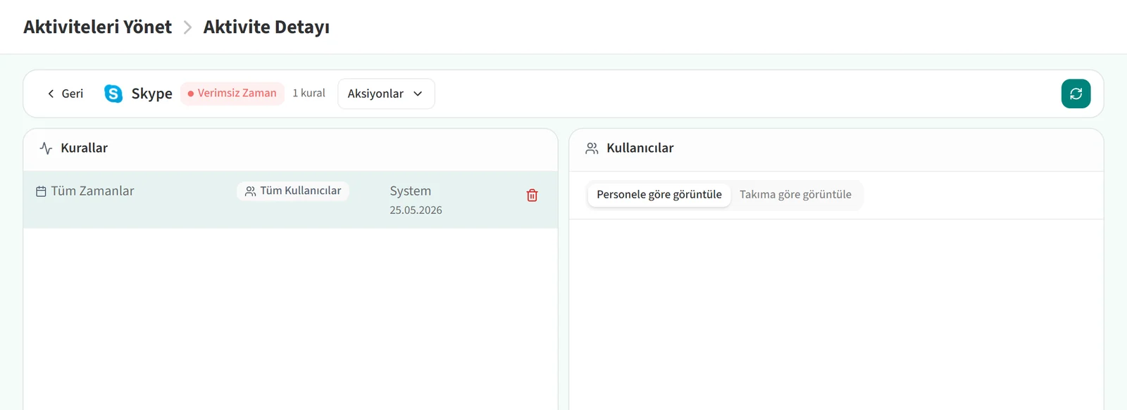 Verimsiz bir aktivitenin detay sayfası ve Aksiyonlar menüsü
