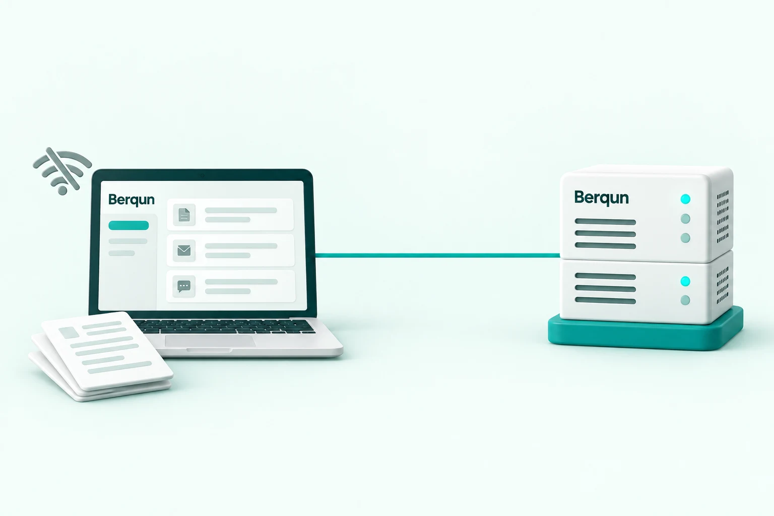 A Berqun computer working offline with local activity records, and a turquoise line running to the server the records are sent to once the connection is back.