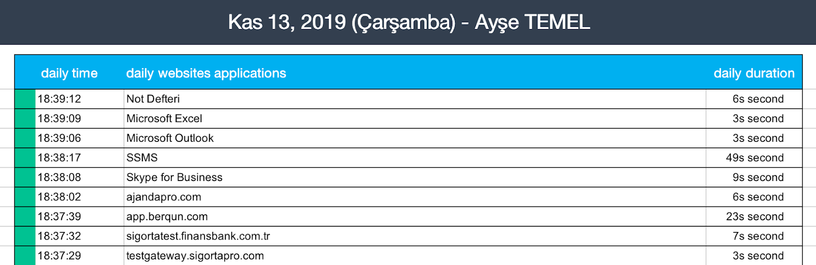 Daily Timeline tab in the Excel report