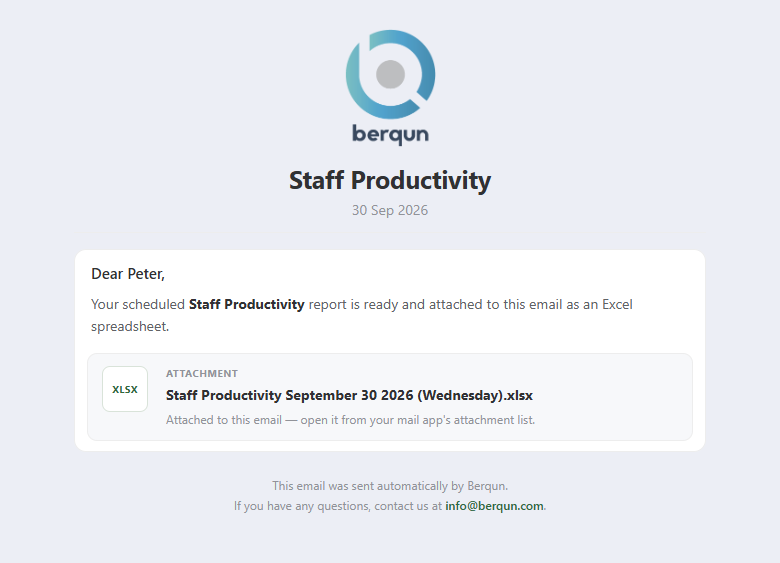 Scheduled report email: report name, period and Excel attachment